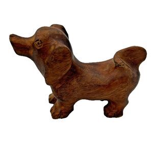 Vintage Hand Carved Wooden Dachsund Figurine Collectible Friendly Looking Up